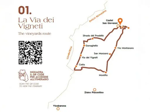 Mappa del percorso "La Via dei Vigneti" in Emilia Romagna, con tappe da Castel San Giovanni a Ziano Piacentino. Ideale per un viaggio enogastronomico.