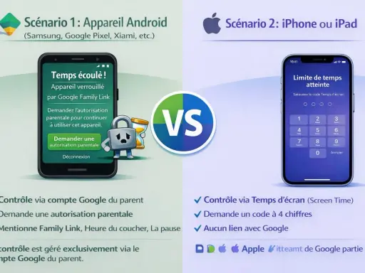 Scénario 1 : Android avec Google Family Link, un équivalent familial pour iPhone gratuit. Scénario 2 : iPhone avec Temps d'écran.