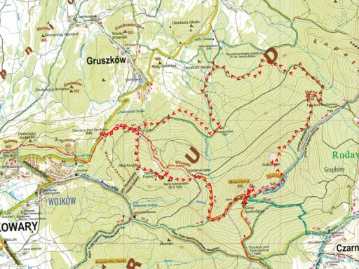 Mapka turystyczna z zaznaczonymi **rudawy janowickie szlaki**. Widoczne szczyty, doliny, strumienie i miejscowości.