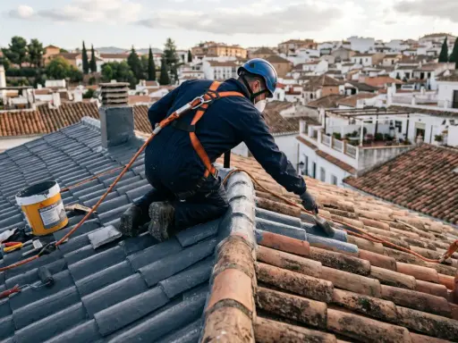 Trabajador realiza impermeabilización de tejados con equipo de seguridad, aplicando producto sobre tejas.
