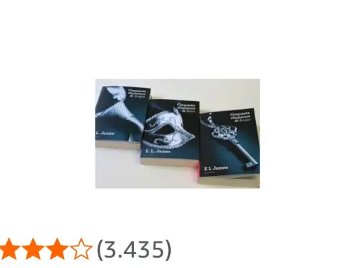 I tre libri della saga "Cinquanta sfumature", quale il primo, con copertine iconiche: un corsetto, una maschera e una chiave.