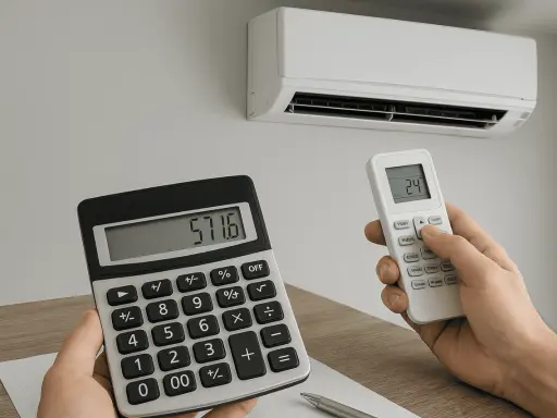 Calcolo del consumo energetico del condizionatore. Una mano tiene un telecomando impostato a 24 gradi, l'altra una calcolatrice con il numero 571.6.