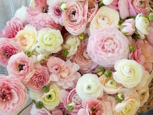 Ein üppiger Strauß zarter Ranunkeln in Rosa- und Cremetönen. Perfekt, um die Freude am Ranunkeln pflanzen zu erleben.