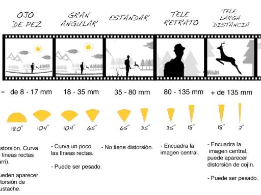 Comparativa de tipos de objetivo de una cámara: ojo de pez, gran angular, estándar, teleobjetivo, tele larga distancia y macro.