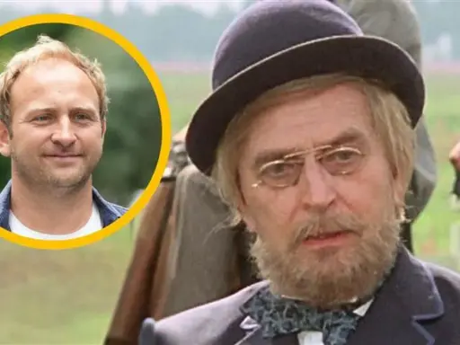 Portret mężczyzny w okularach i meloniku obok portretu młodszego mężczyzny w okręgu.