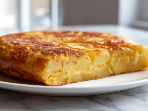 Złocista tortilla z airfryer, pyszna i prosta w przygotowaniu, z widocznymi kawałkami ziemniaków.