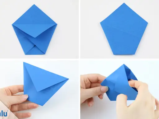 Schritt-für-Schritt-Anleitung zum **becher falten** aus blauem Papier. Hände formen die Origami-Schritte.