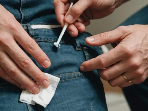 Ręce próbują usunąć super glue z dżinsów za pomocą patyczka i chusteczki. Dowiedz się, jak usunąć super glue z ubrania.