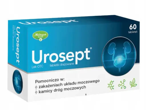 Opakowanie leku Urosept z grafiką układu moczowego i informacją o 60 tabletkach.