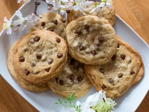 Schokoladenkekse, die an das Subway Cookies Rezept erinnern, auf einem Teller mit Kirschblüten.