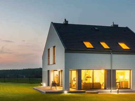 Une maison moderne et lumineuse, une maison autonome en France, avec de grandes fenêtres éclairées par une lumière chaude.
