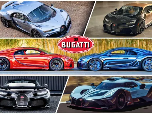 Bugatti Chiron PS: Ein silberner, ein gold-schwarzer, ein roter und ein blauer Chiron stehen für pure Leistung. Unten ein schwarzer Chiron und ein futuristisches Rennauto.