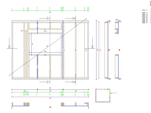 Plan ossature bois gratuit : vue en coupe d'un mur avec détails de dimensions et liste des pièces en bois.