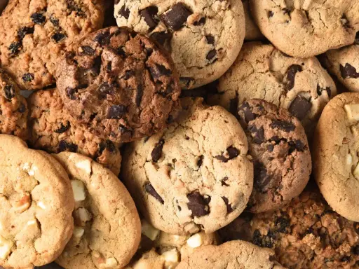 Un assortiment de cookies gourmands : chocolat, raisins secs, et blancs. Parfait pour une recette cookie croustillant réussie !