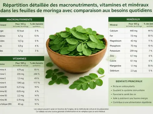 Feuilles de moringa dans un bol, avec un tableau détaillant les macronutriments, vitamines, minéraux et les bienfaits principaux du moringa.