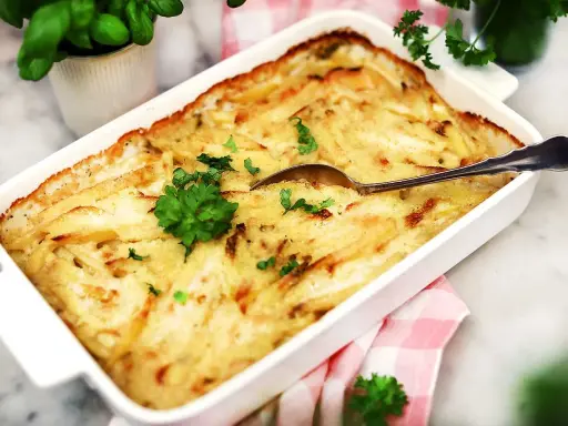 En krämig Janssons frestelse i en vit form, redo att serveras. Perfekt för ett julbord eller en mysig middag.