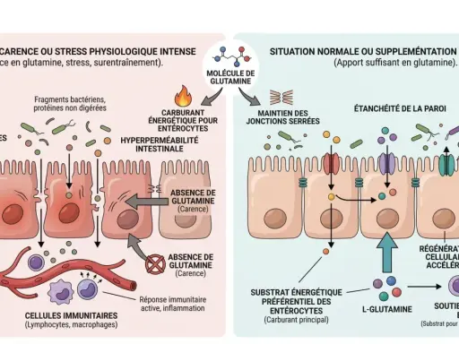 En cas de carence en glutamine, l'intestin devient perméable. L'apport de glutamine maintient l'intégrité intestinale et soutient le système immunitaire.