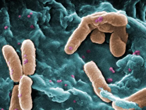 Immagine al microscopio elettronico di Pseudomonas aeruginosa, un batterio contagioso che si presenta come bastoncini marroni su uno sfondo bluastro.