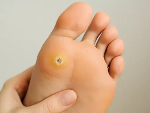 Gros plan sur une verrue plantaire, montrant la texture et la couleur. L'acide salicylique est souvent utilisé pour traiter ce type de verrue.