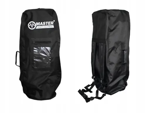Czarna torba na sup z logo Master Sports Equipment, uchwytem i paskami na ramię. Idealna do transportu sprzętu wodnego.