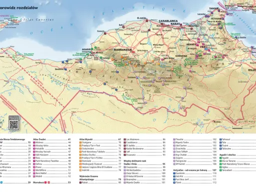 Mapa Maroka z zaznaczonymi atrakcjami, miastami i parkami narodowymi. Doskonały przewodnik po podróży.