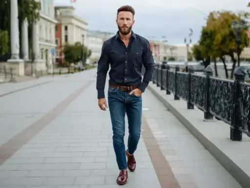 Mężczyzna w granatowej koszuli i jeansach, prezentujący stylowe koszula jeansowa męska stylizacje, idzie ulicą.