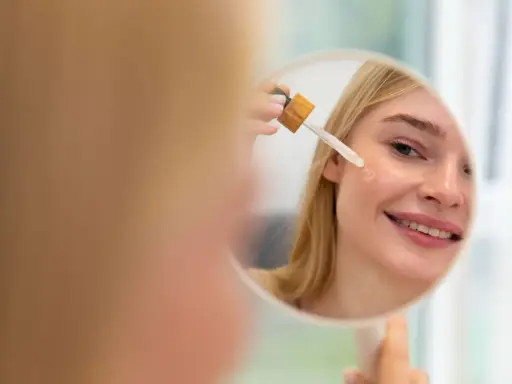 Mujer rubia sonríe mientras se aplica aceite facial con gotero en la mejilla. Un paso esencial en su rutina de cuidado de la piel, ya sea aceite facial antes o después de la crema.