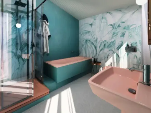 Bagno tropicale con vasca e lavabo rosa, doccia con carta da parati floreale. Idee per come rinnovare il bagno senza togliere le piastrelle.