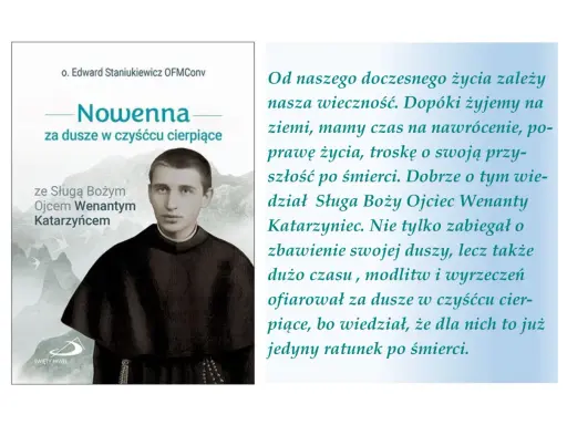 Okładka książki "Nowenna za dusze w czyśćcu cierpiące" ze Sługą Bożym Ojcem Wenantym Katarzyńcem. Modlitwa do Wenantego.