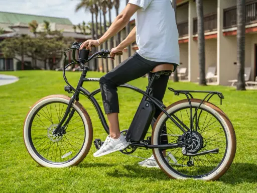 Mężczyzna na rowerze elektrycznym z baterią na ramie. Zastanawiasz się, jaki silnik do roweru elektrycznego wybrać? Ten model ma mocny silnik w tylnej piaście.