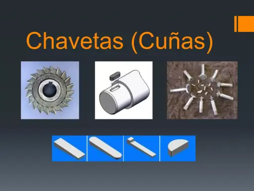 Diferentes tipos de chavetas y cuñas, incluyendo una rueda dentada, un eje con una chaveta insertada y varias chavetas sueltas.