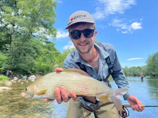 Glad fångst vid fly fishing. En man håller upp en fin fisk i en solig älv.
