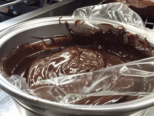 Ganache au chocolat, prête à refroidir au congélateur dans un bol en métal, recouverte d'une pellicule plastique.