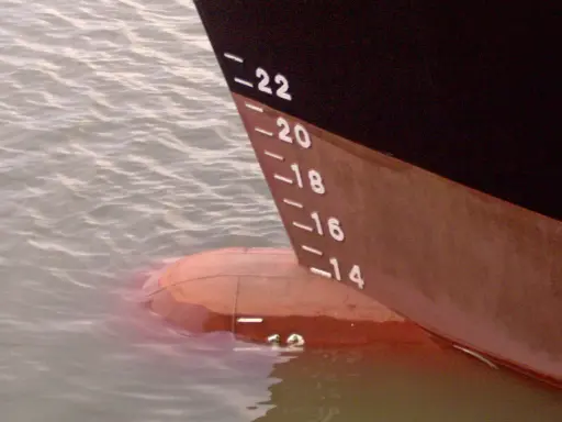 La coque d'un navire, marquée de -22 à -14, flotte sur l'eau. Le déplacement léger du bateau est visible.