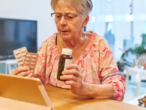 Starsza pani z tabletką w ręku sprawdza zwrot za leki dla seniorów.