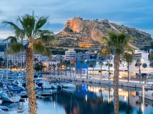 Palme e barche nel porto di Alicante, con il Castello di Santa Barbara illuminato sullo sfondo.