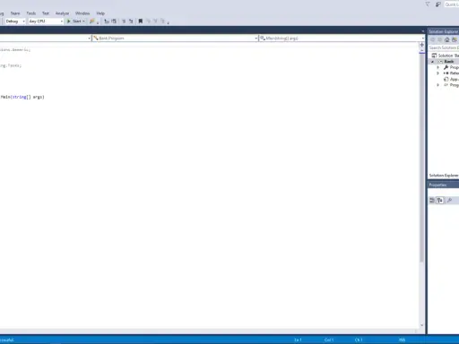 Kod C# w Visual Studio, tworzenie projektu "Bank". Widoczny jest plik Program.cs z pustą metodą Main, gotowy na implementację logiki, np. c# event handler.