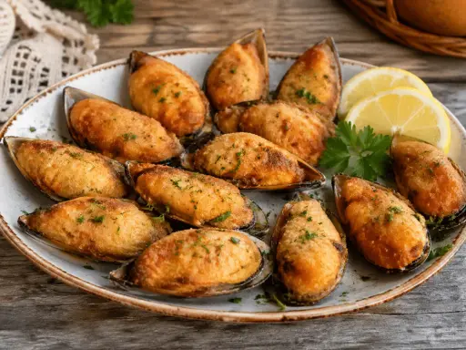 Mejillones tigre gallegos gratinados, listos para disfrutar. Una deliciosa receta gallega.