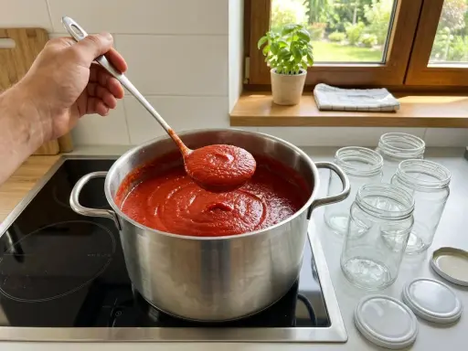 Łyżka nabiera gęsty, aromatyczny przecier pomidorowy z dużego garnka. Obok stoją czyste słoiki, gotowe do przetworów.