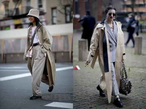 Due donne con trench eleganti. La prima con cappello a secchiello e pantaloni ampi, la seconda con blazer a quadri. Si può mettere il trench di sera per un look chic.