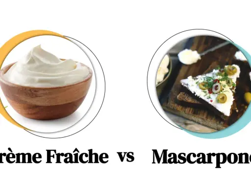 Crème fraîche on the left, mascarpone on a slice of bread with olives on the right.