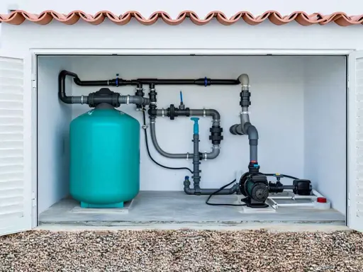 Système de filtration de piscine compact, une solution locale pour une piscine de 2m². Tuyauterie, pompe et réservoir turquoise.