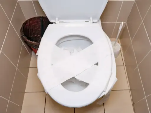 Inodoro blanco con papel higiénico cruzado sobre la tapa, listo para desatascar wc. Cerca, un cesto de basura y un cepillo.