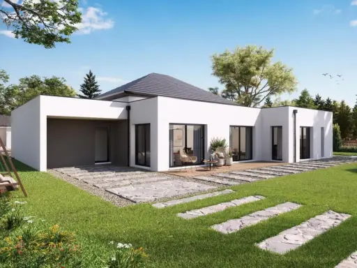 Maison plain-pied 100m2 avec garage, terrasse en bois, jardin verdoyant et balançoire. Prix attractif pour ce bien.