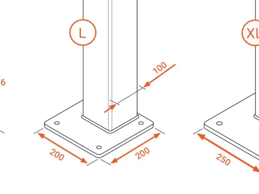 Diagrama muestra pilares S, M, L, XL con dimensiones de base y altura. La distancia entre pilares varía según el tamaño.