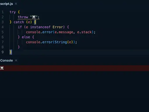 Kod JavaScript z blokiem `try...catch`. `if (e instanceof Error)` sprawdza typ błędu.