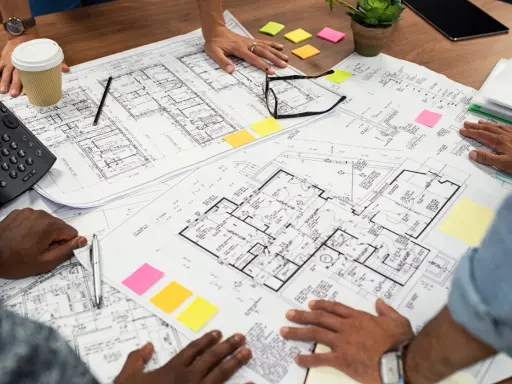 Des mains examinent un plan d'une maison, avec des post-it colorés et un téléphone sur la table.