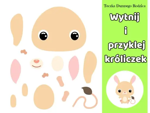 Proste wycinanki dla dzieci do druku: elementy do złożenia uroczego króliczka.