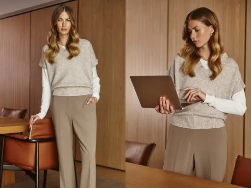 Elegancki strój damski: beżowy sweter bez rękawów na białej bluzce, brązowe spodnie. Kobieta z laptopem.