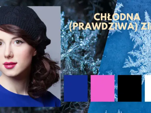 Chłodna zima kolory: kobieta w czarnym beretce i niebieskiej sukience, płatki śniegu, paleta barw: niebieski, różowy, czarny, biały.